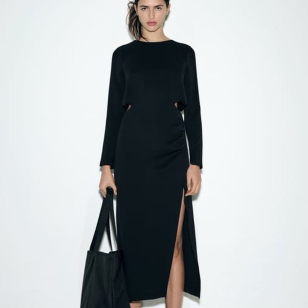 Zara Black Long-Sleeve Midi Dress with Cutouts and High Side Slit